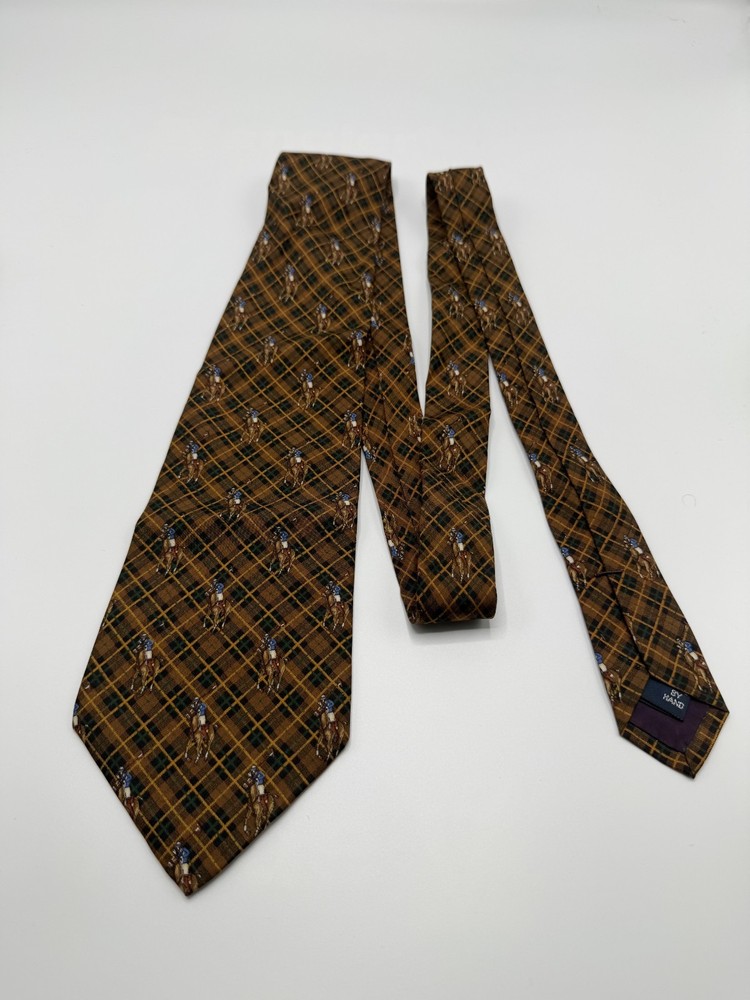 Polo by Ralph Lauren Silk Tie Necktie Brown Plaid Equestrian Pony USA RN 41381