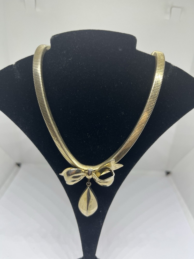 Vtg Coro Goldtone Bow Teardrop Dangle Snake Chain 14 1/2” Bib Fashion Necklace