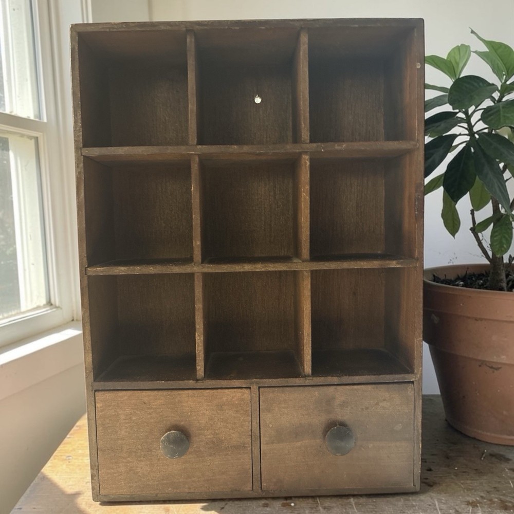 Vintage Farmhouse Country 9 Slot Wood Trinket Shadow Box With 2 Drawers 11”X 8”