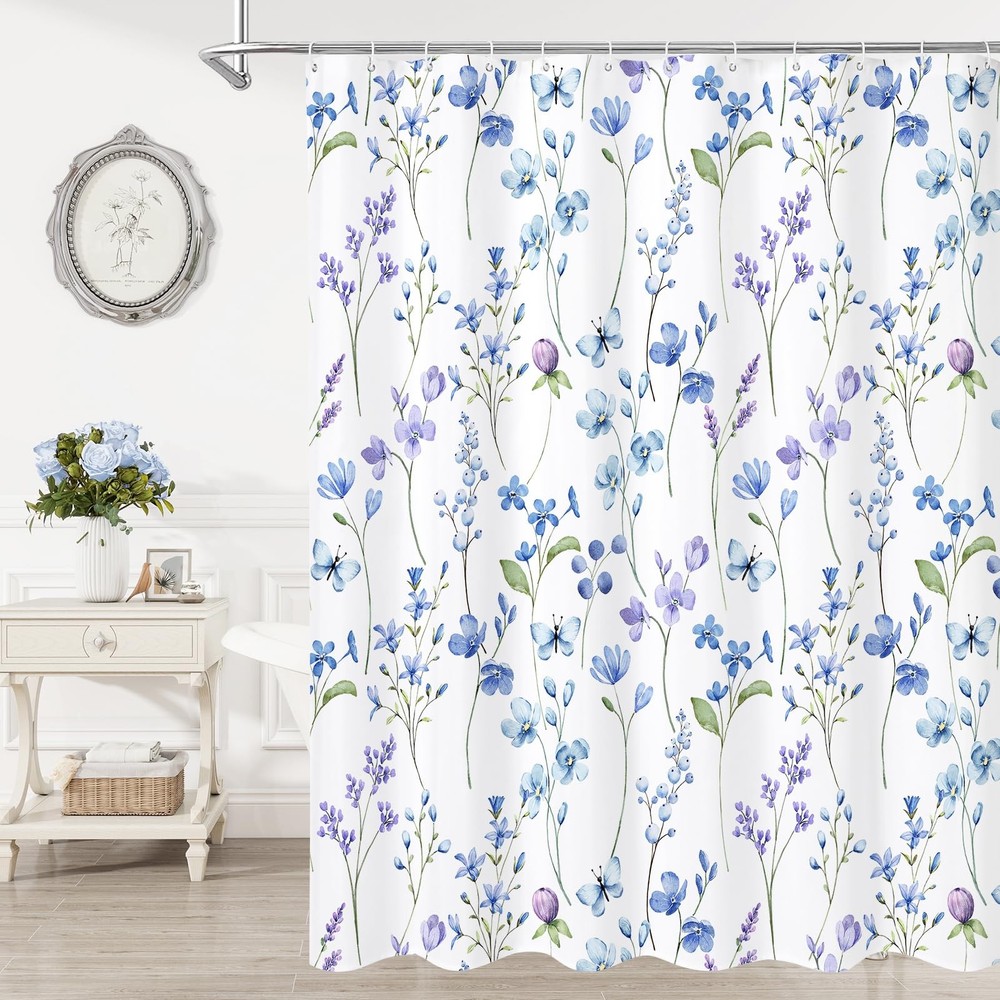Watercolor Floral Shower Curtain, Blue Butterfly Flower Shower Curtain for Bathr