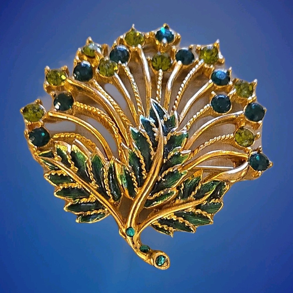 Vtg M JENT Goldtone Green Enamel & Rhinestone Leaf & Flower Spray Pin Brooch 2