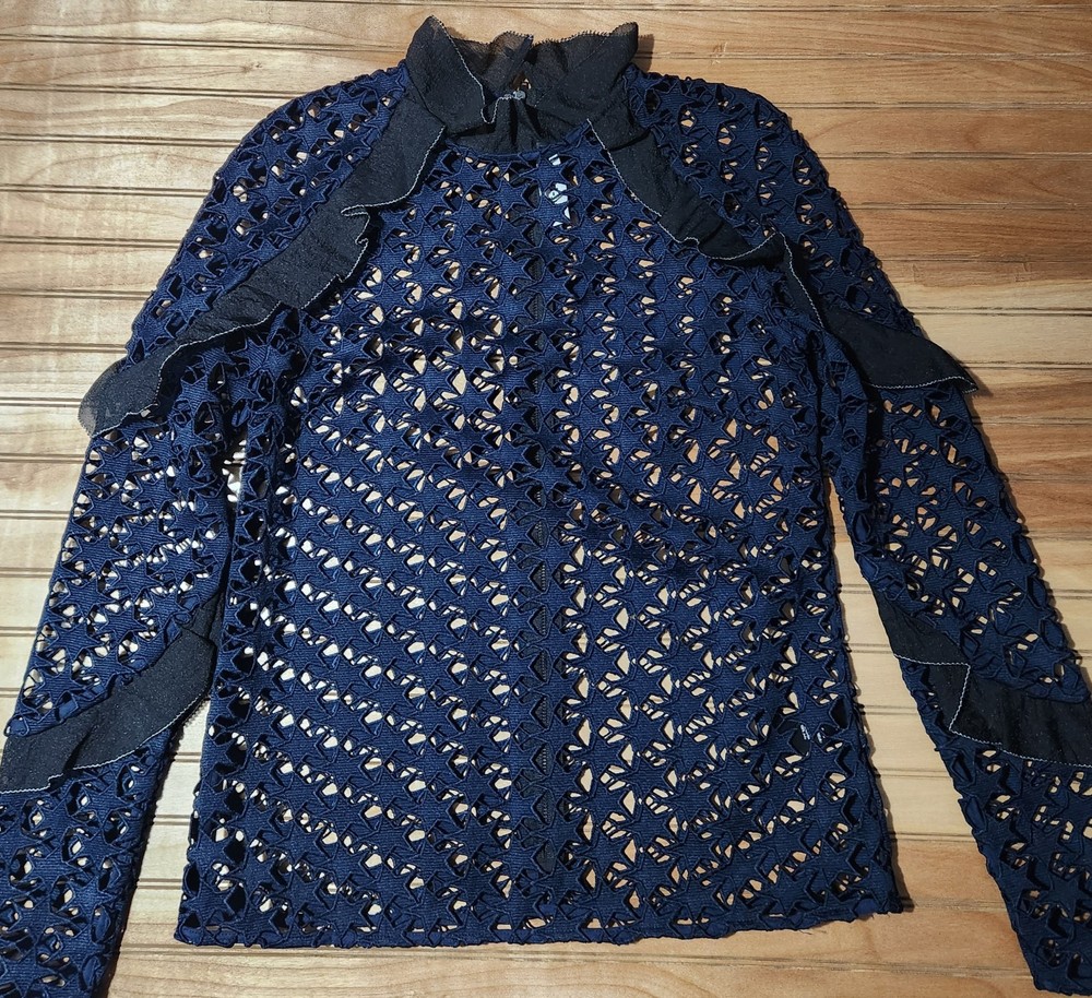 SELF-PORTRAIT Star Lace Top Womens Blue Sz 0 Whimsical Romantic Unique Festival