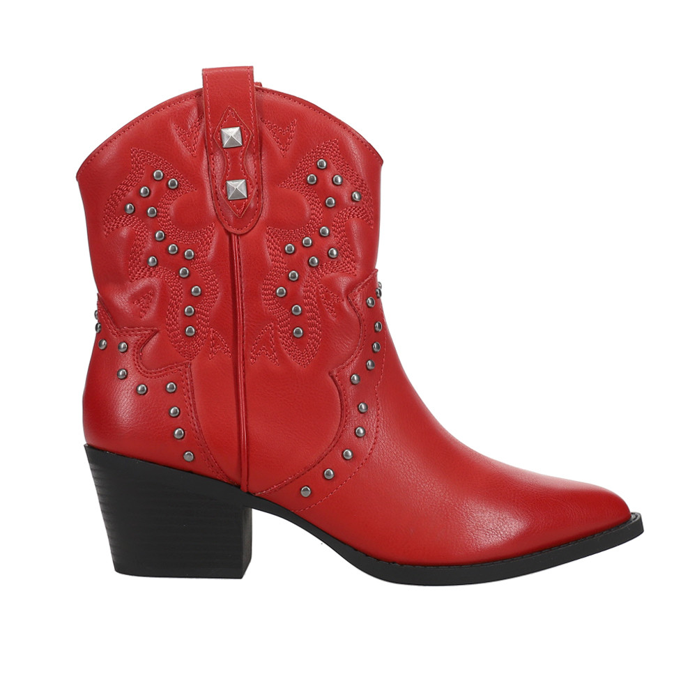 Edgy Red Studded Cowboy Booties for Women - Casual Burnished Toe Boots