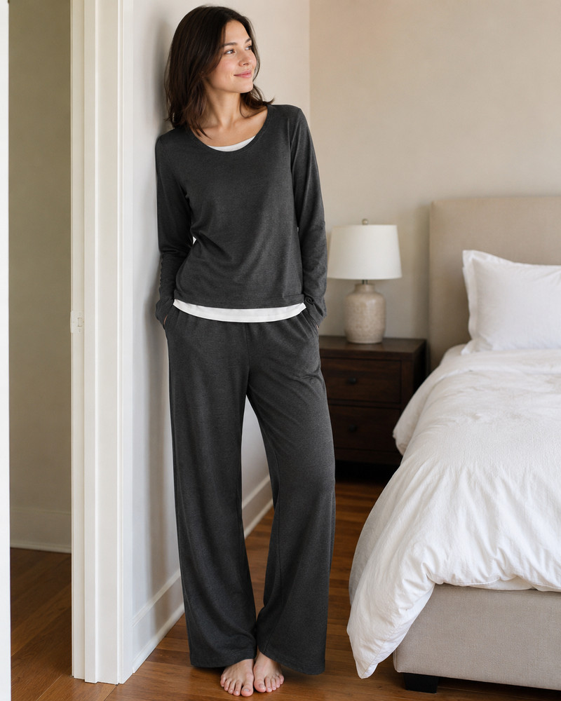 Women 2 Piece Look Lounge Set Charcoal Gray Long Sleeve Top Wide Leg Pants  L