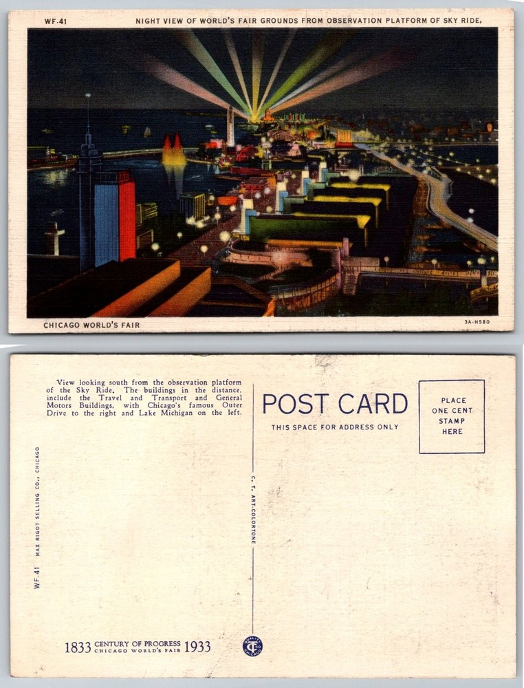 1933 Chicago World's Fair Sky Ride Night View Linen Postcard Century of Progress