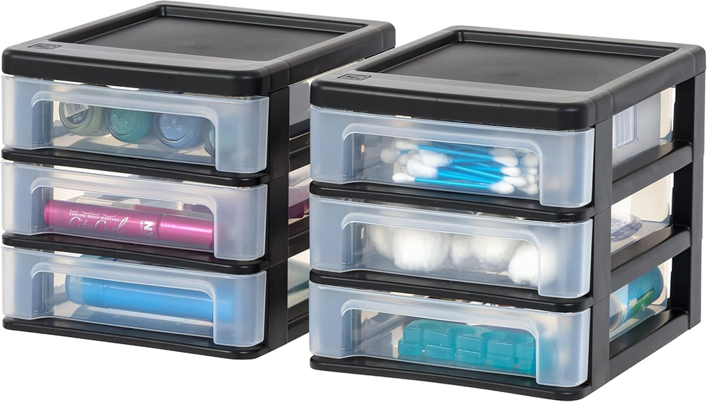 IRIS USA Plastic Stacking Desk Top 3-Drawer Storage Organizer, 2-Pack, for Makeu