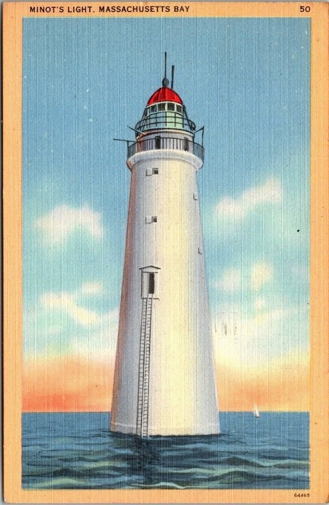 Minot's Light Lighthouse Massachusetts Bay 1947 Linen Postcard Tichnor Bros.