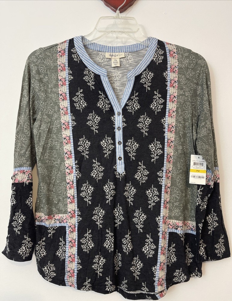 Style Co Womens Petite Medium Bohemian Black Floral Roll-Tab Blouse NWT! A3840