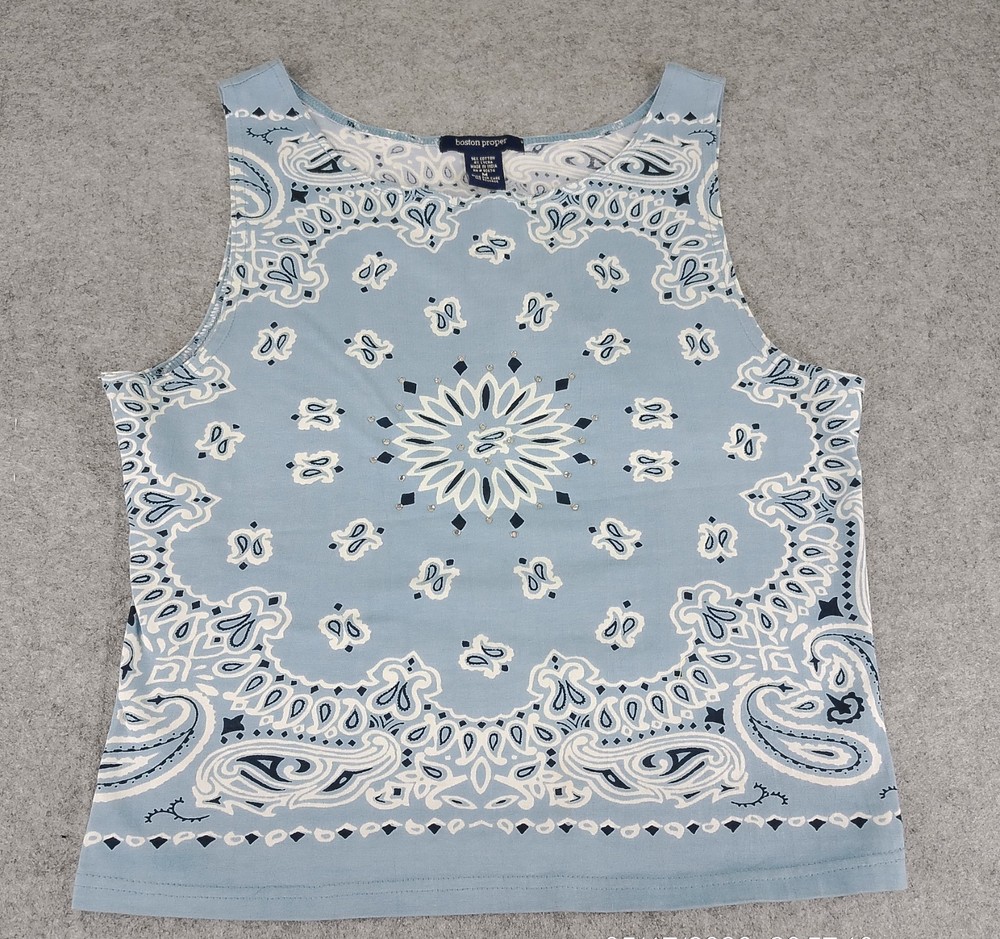 Boston Proper Women' Medium Blue Paisley Bandana Print Stretch Tank Top Sleevele