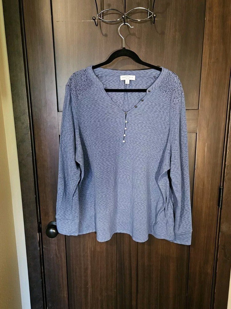 EUC Women's Boutique Plus Blue Stretch Knit Lace Long Sleeve Top Blouse Size 2X