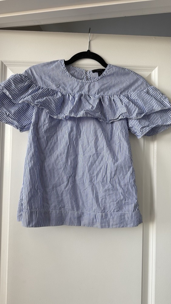 J Crew White And Blue Striped Ruffle Blouse Size 00