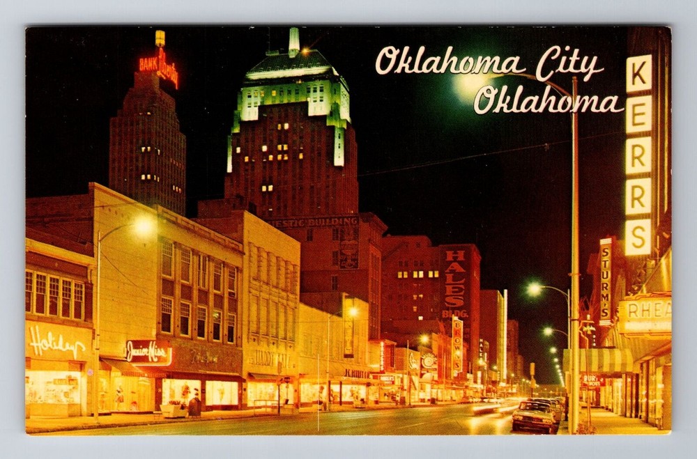 Oklahoma City OK-Oklahoma, Night View of Main Street, Vintage Souvenir Postcard
