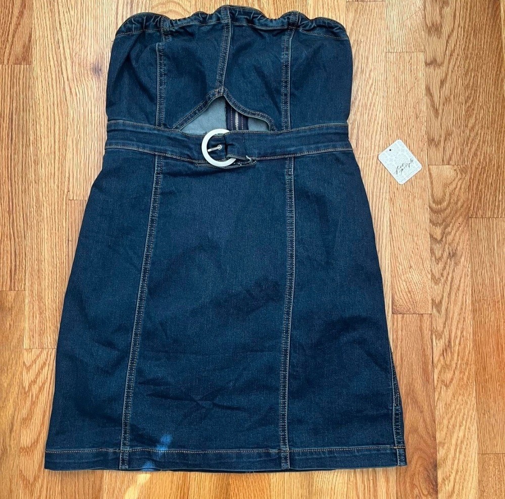 Free People Strapless Denim Mini Dress NWT Dark Wash Bustier Tube Zip Sz Small