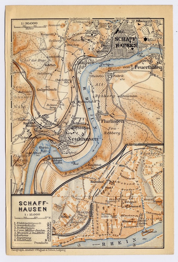 1910 Antique City Map Of Schaffhausen / Lake Constance / Bodensee / Switzerland