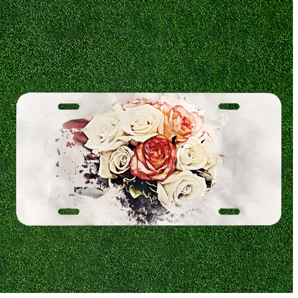 Custom Personalized Auto Tag With White Red And Pink Flowers Design Art