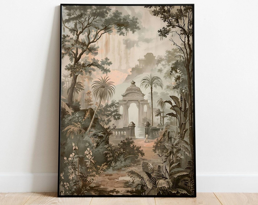 Vintage Indian Art Forest Ruins Painting Tropical Old Time Art Decor Unique