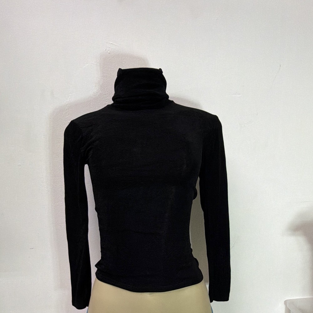 Cheryl Creations Black Acetate Lycra Top, Turtleneck Long Sleeve Pullover Small