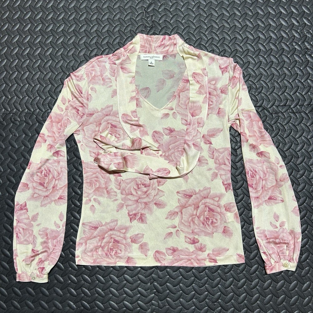 Vintage Banana Republic Silk Tie-Neck Top Blouse Floral Pink Women’s Size Small