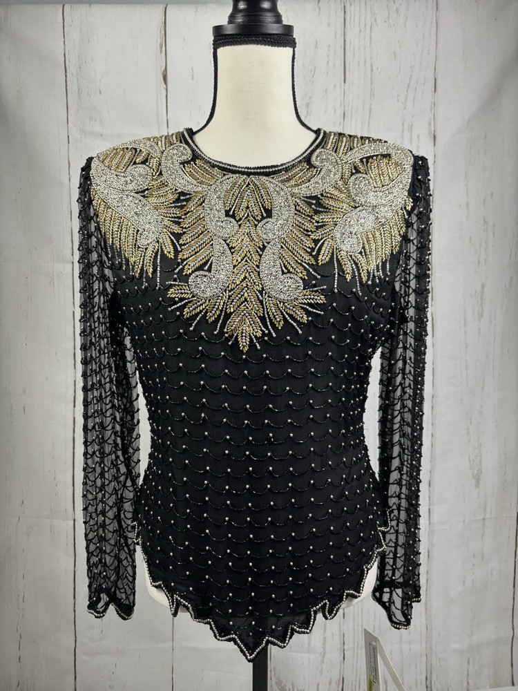 NWT Vtg Laurence Kazar Silk Beaded Mesh Top  Art Deco Glam Sz M