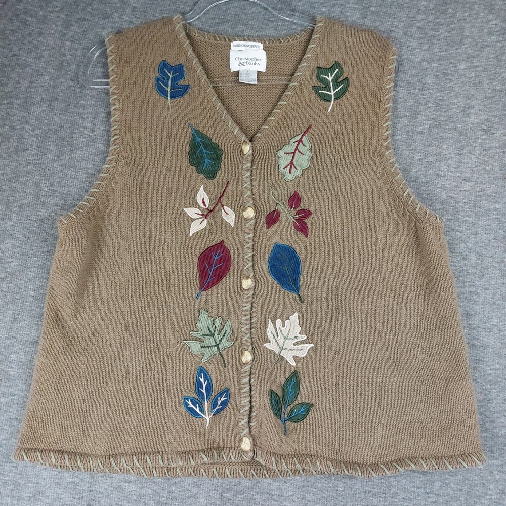 CHRISTOPHER & BANKS HAND EMBROIDERED GREEN BUTTON FRONT AUTUMN LEAVES VEST SZ L