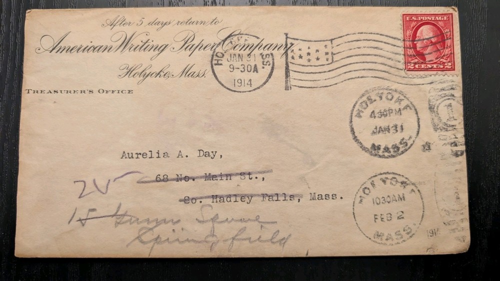 USA 1914 ADVERTISING COVER Paper Company Holyoke Massachusetts to Envelope