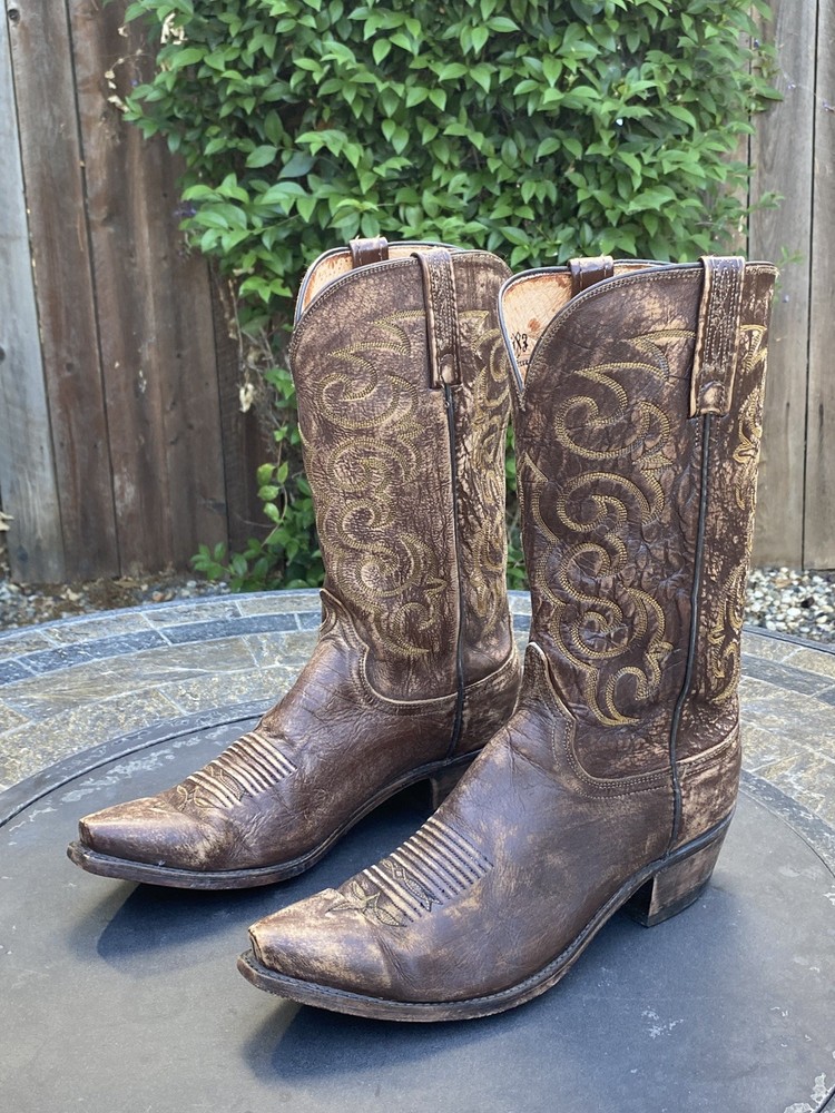 Lucchese 1883 Distressed Brown Leather Snip Toe Cowboy Boots Men's 10.5 D