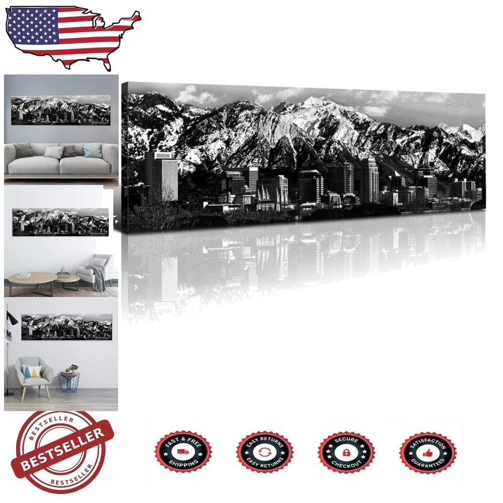 Stunning 14x48 Salt Lake City Skyline Art - Premium Black and White Canvas