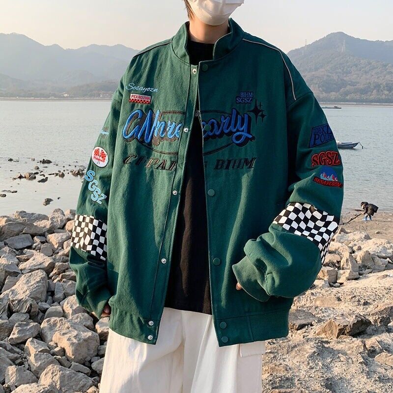 Men's Vintage Hip-Hop Motorcycle Bomber Jacket - Plaid Streetwear for Autumn