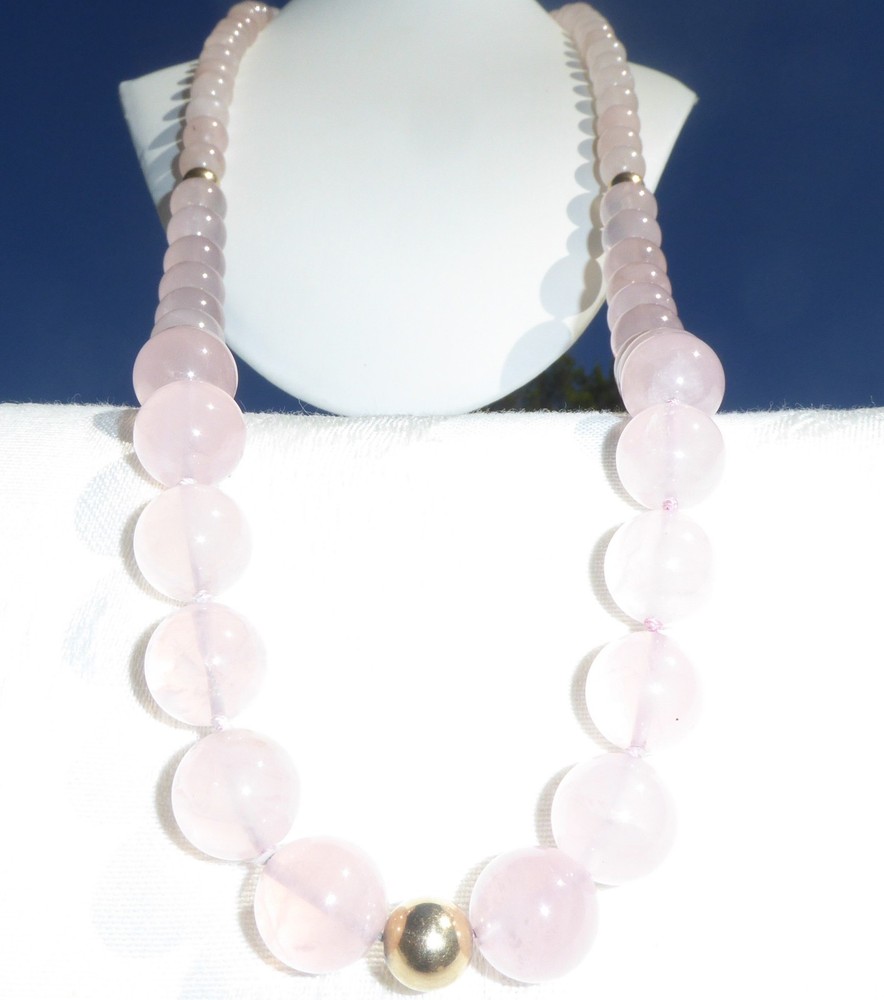 Beautiful Vintage Chinese Large Beaded Rose Quartz Gold Tone Necklace 40