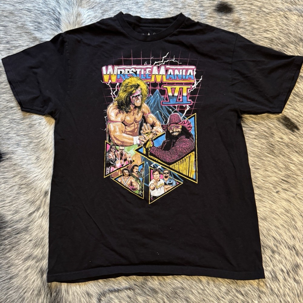 🔥 WWE WrestleMania VI Graphic T-Shirt Black Retro Wrestling Tee Men’s Large