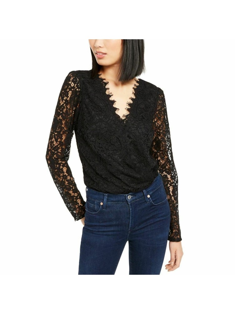 LEYDEN Womens Top Body Suit Black  Snap Closure Long Sleeve V Neck Juniors XS