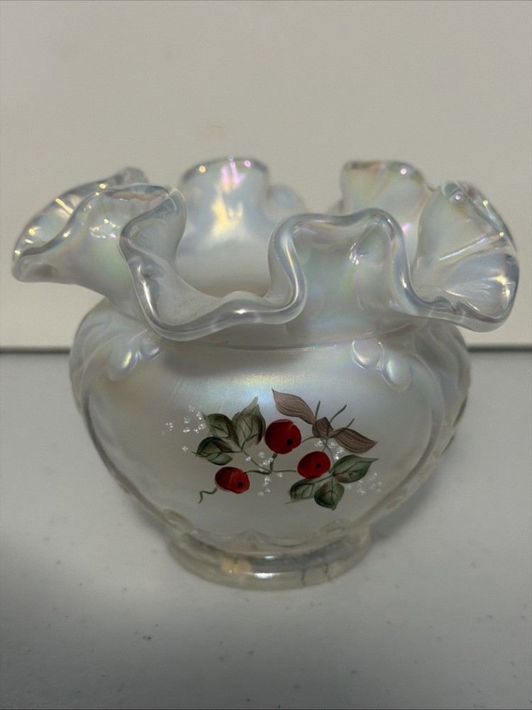 Vintage Fenton Ruffled Opalescence Vase Hand Painted Red Berries Signed 1992