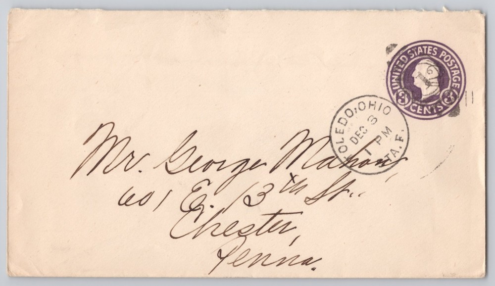 Toledo, Ohio, 3c United States postal-stationery envelope, DEC 3 cancel ACE