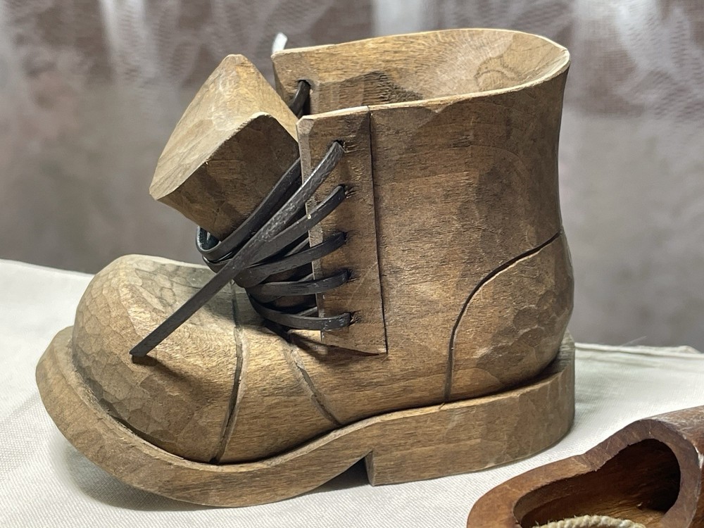 Folk Art Wooden Shoe Boot Hand Carved Rustic Figure Hobo Art Signed Bill