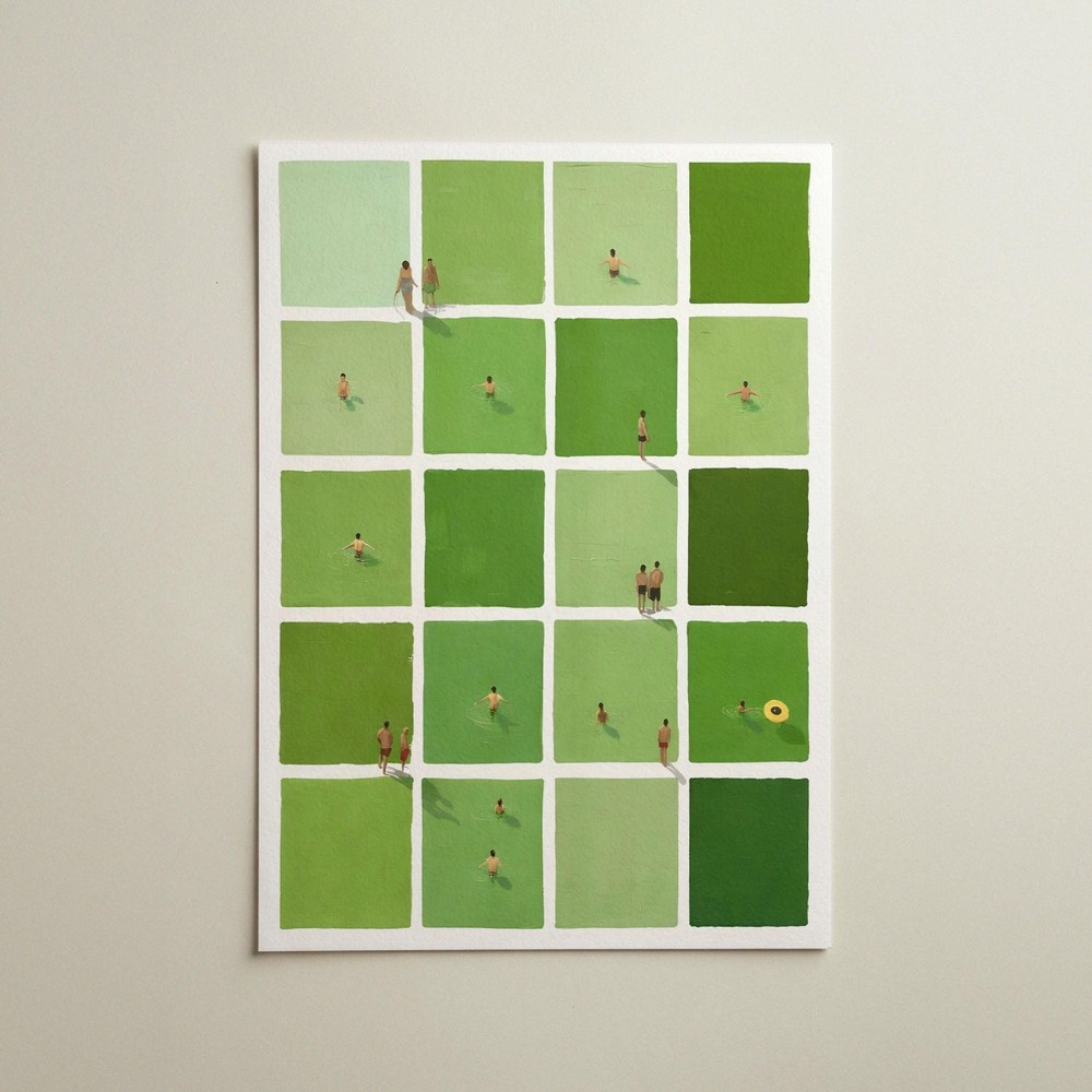 Green Swimmers Poster, Mid Century Pastel Stripe Wall Art Decor