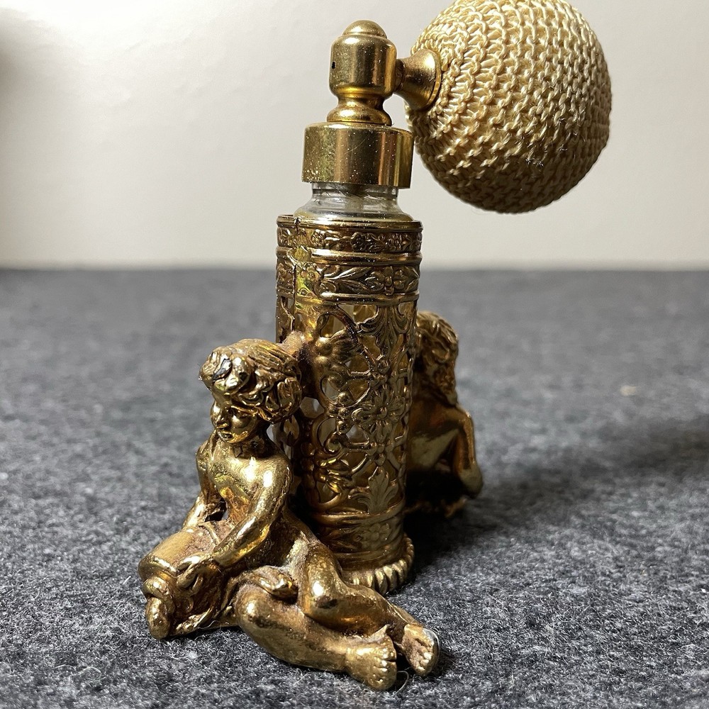 Vintage Ormolu Gold Tone Filigree Cherub Perfume Atomizer Bottle Watering Maiden
