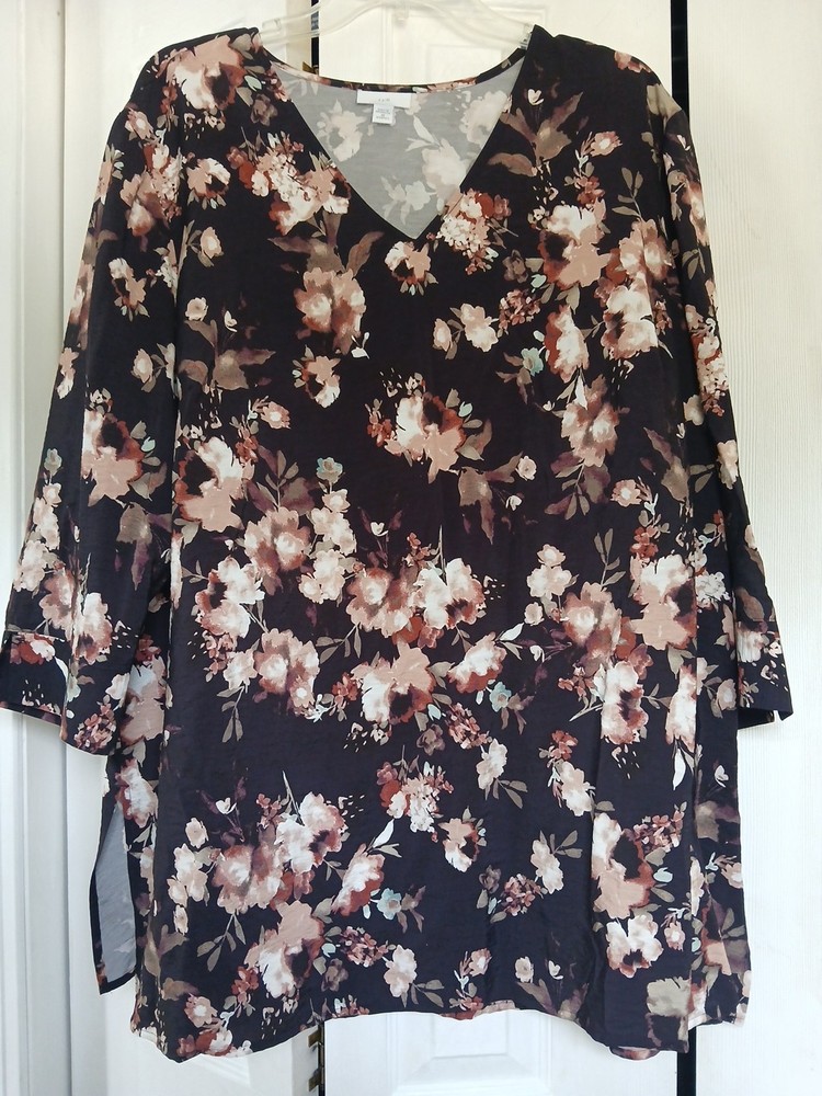 J. Jill 3/4 Sleeve Floral Tunic Black V-Neck Whimsigoth 2X