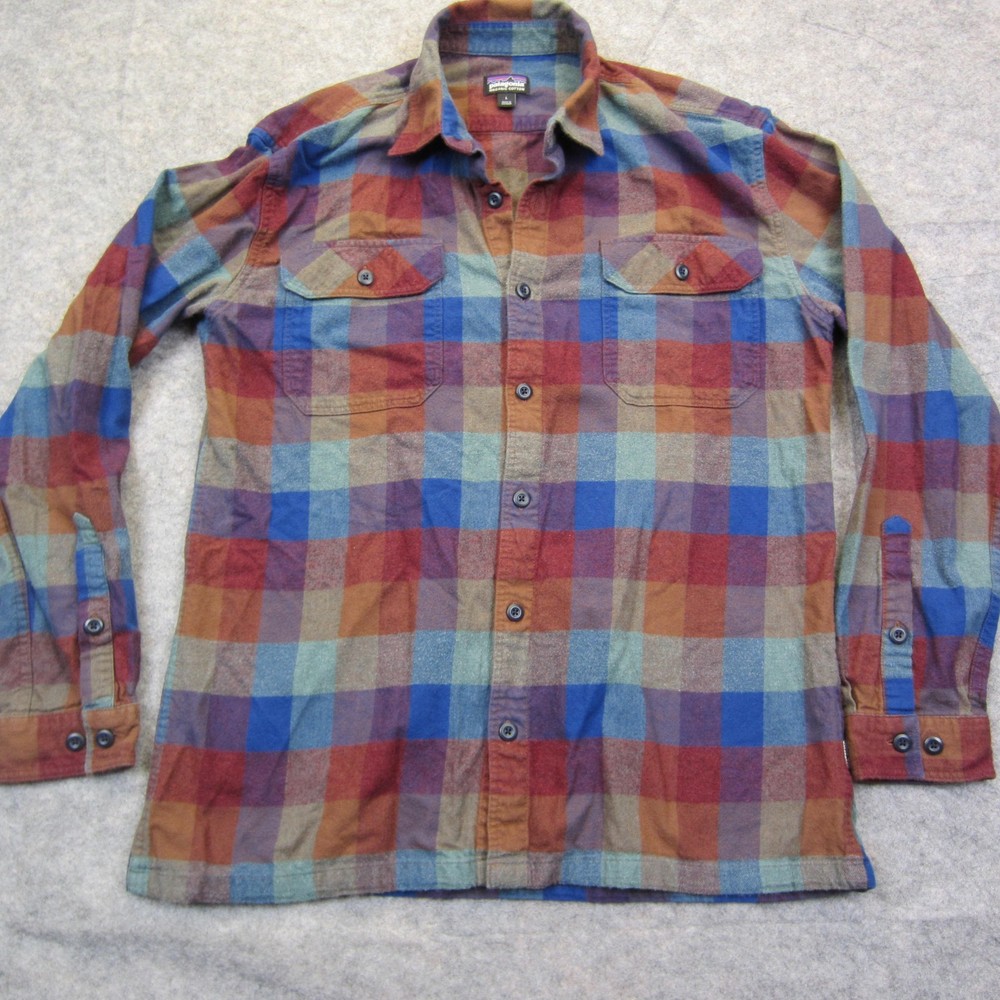 Patagonia Shirt Mens L Blue Plaid Organic Cotton Flannel Button Up Long Sleeve