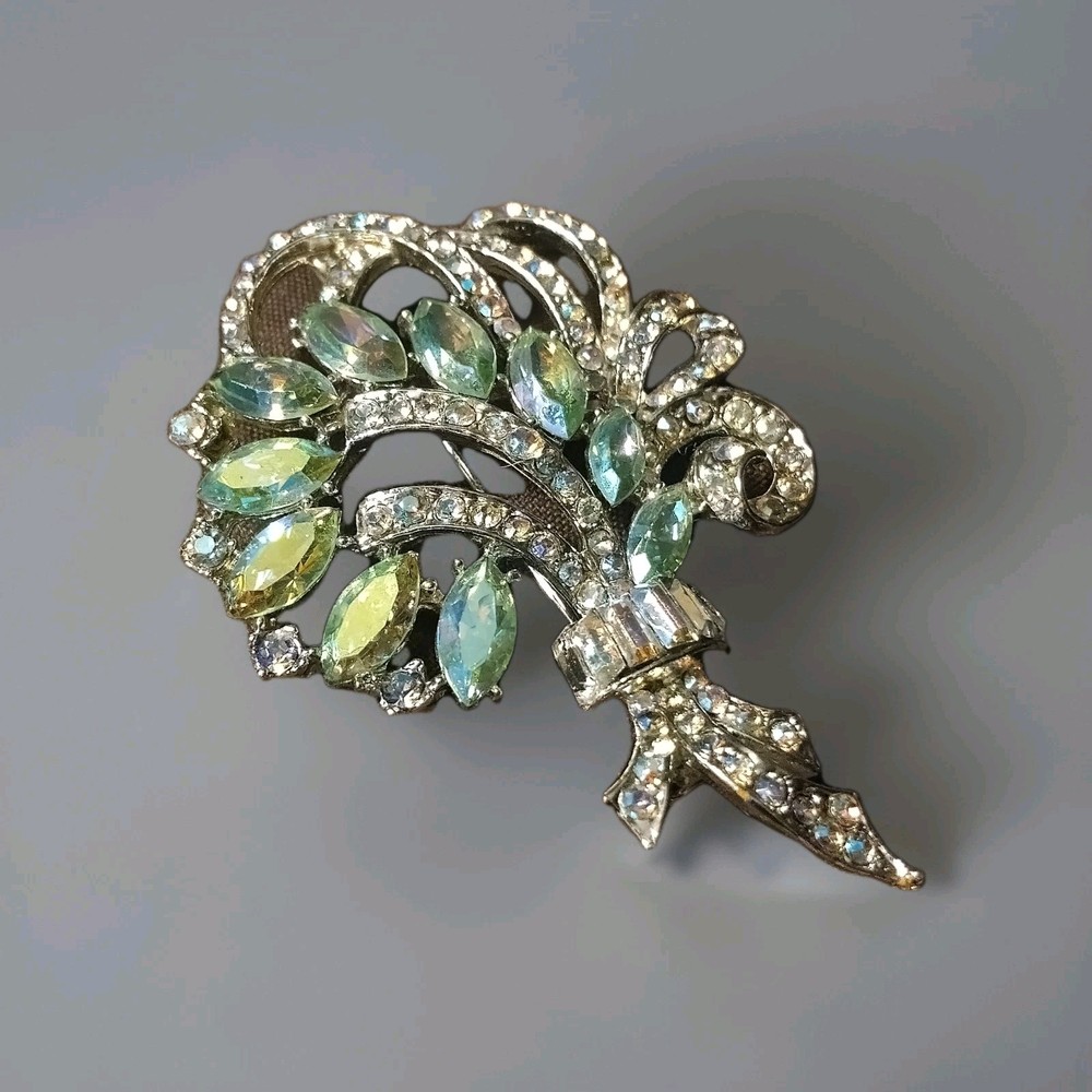 Vintage Silver Tone Pink & Blue Rhinestone Aurora Borealis Style Brooch Pin