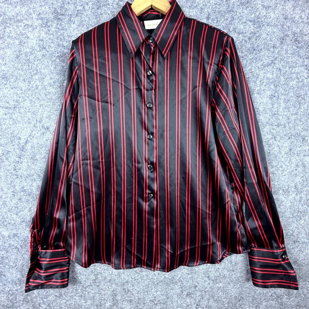 Vintage Christie & Jill Blouse Top Womens 14 Black Red Striped Satin Silky Party