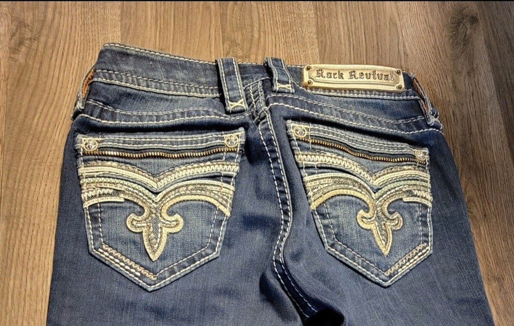 Rock Revival Tia Mid Rise Skinny Leg Dark Wash Women's Jeans Size 24 Embroidered