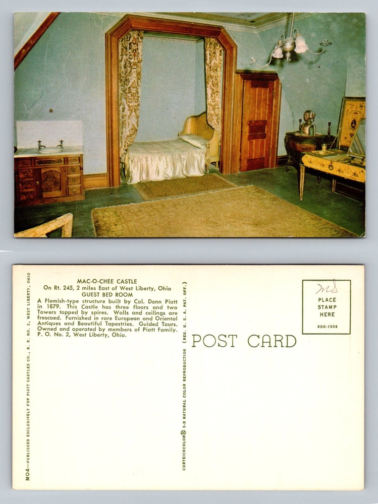West Liberty, OH-Ohio, Mac-O-Chee Castle Guest Bedroom Vintage Postcard