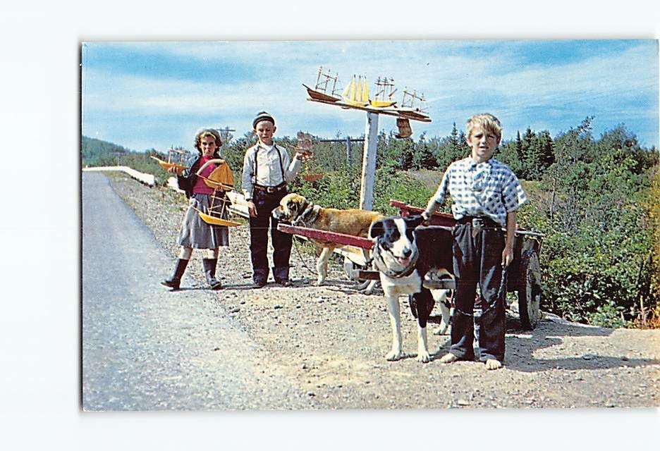 Postcard Children with Dog Carts Gaspe Peninsula Quebec Canada