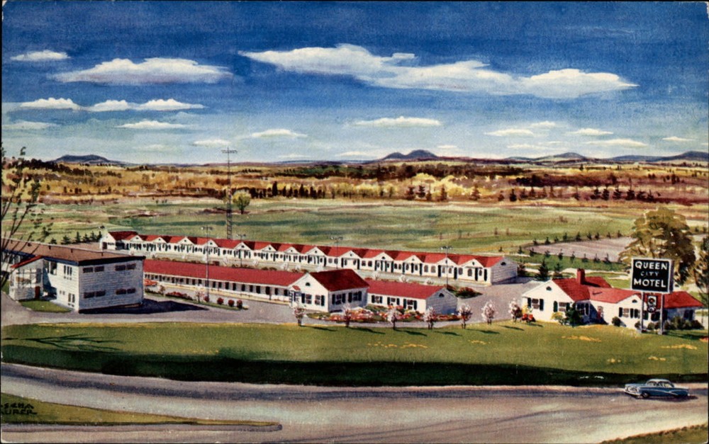 Queen City Motel ~ Charterhouse Lodge ~ Bangor Maine ~ artist rendering postcard