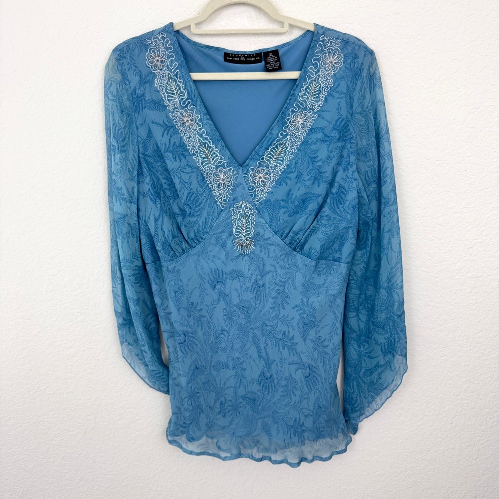 Seperates Womens 100% Silk Babydoll Blouse Top Size XL Beaded Embellished Ruffle