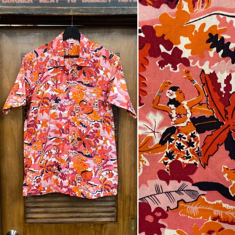 Vintage Atomic Hula Girl Tiki Hawaii Shirt Aloha Beach