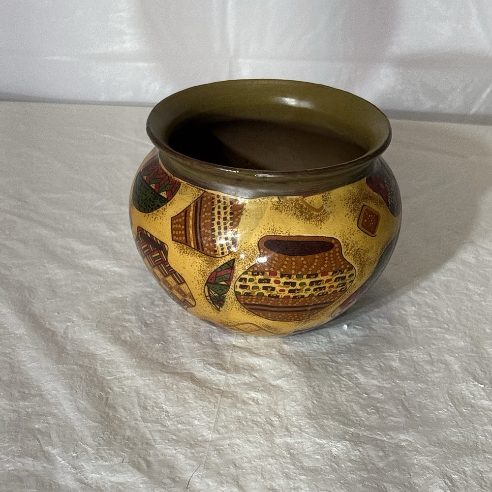 Southwestern geometric art pottery vase in earth tones 4.5 inches tall