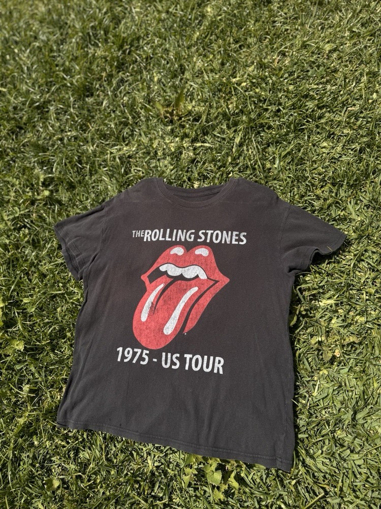 Vintage Rolling Stones 1975 US Tour T Shirt Faded Black Rock Band Tee Boxy Fit