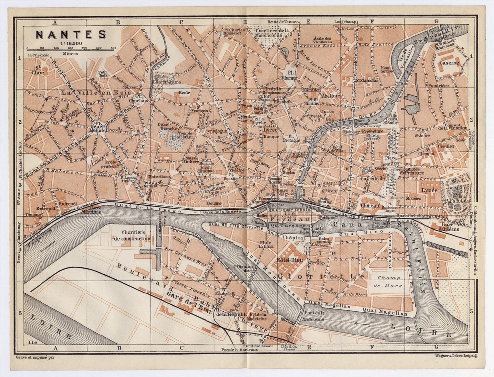 1909 Original Antique City Map Of Nantes / Loire / France