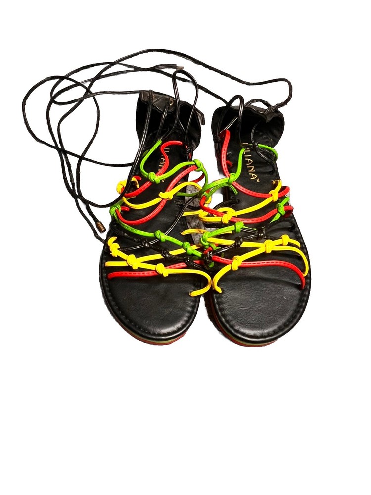 Liliana Womens Rainbow Tie-Up Sandals Black Red Green Yellow Size 8 Leg Wrap